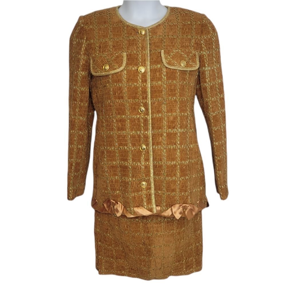 VINTAGE 60s set marigold chenille and metallic gold skirt suit S